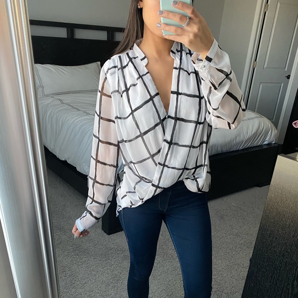 White & Black V Neck Top